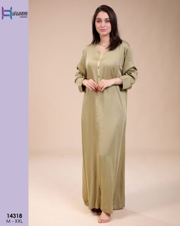 Hawanem Caftan d'intérieur satiné – Réf 14318 – Vert olive clair