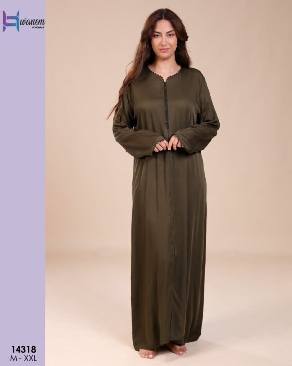 Hawanem Caftan d'intérieur satiné – Réf 14318 – Kaki foncé