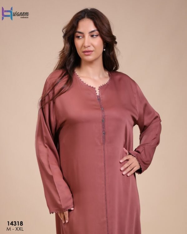 Hawanem Caftan d'intérieur satiné – Réf 14318 – Vieux rose