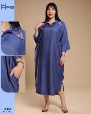 Hawanem Robe longue à col chemise – Réf 14349 – Bleu jean