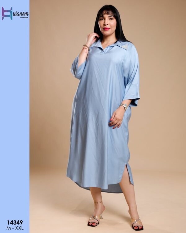Hawanem Robe longue à col chemise – Réf 14349 – Bleu ciel