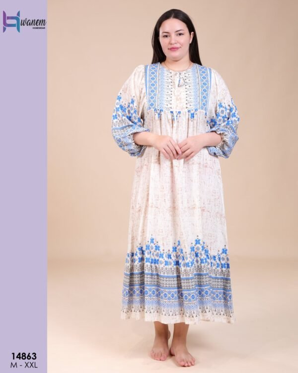 Hawanem Robe longue imprimée – Réf 14863 – Écru bleu