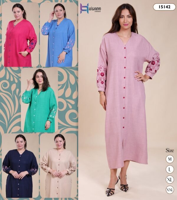 Hawanem Robe longue boutonnée brodée – Réf 15142 – Couleurs assorties