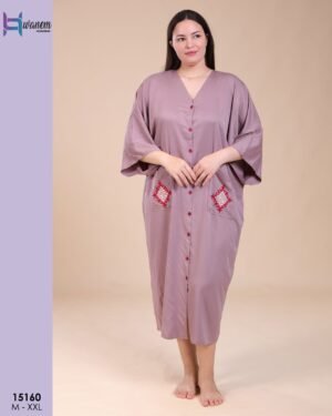 Hawanem Robe longue boutonnée brodée – Réf 15160 – Taupe
