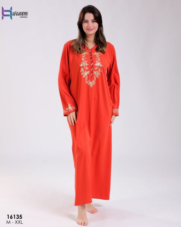 Hawanem Djellaba d'intérieur brodée – Réf 16135 – Rouge orangé