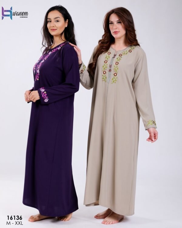 Hawanem Djellaba d'intérieur brodée – Réf 16136 – Violet et taupe