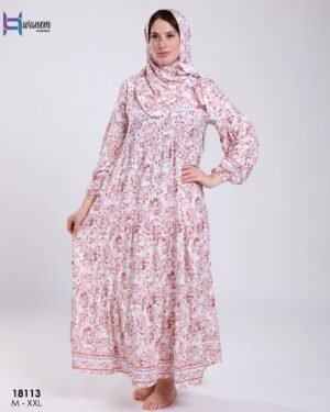 Hawanem Robe de prière avec voile imprimée – Réf 18113 – Blanc et corail