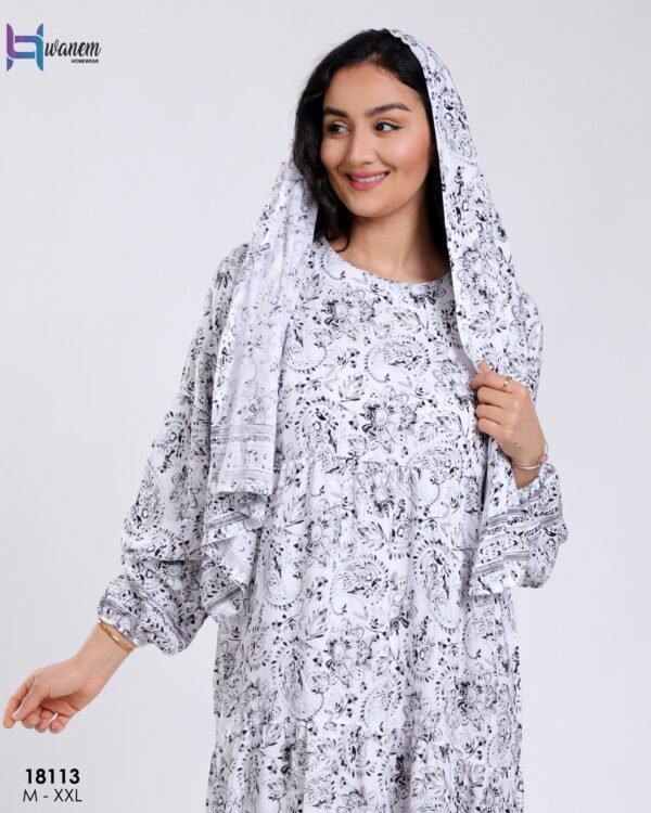 Hawanem Robe de prière avec voile imprimée – Réf 18113 – Blanc et noir