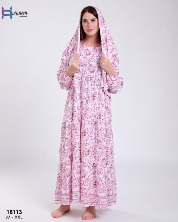 Hawanem Robe de prière avec voile imprimée – Réf 18113 – Blanc et rose