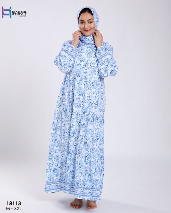 Hawanem Robe de prière avec voile imprimée – Réf 18113 – Blanc et bleu