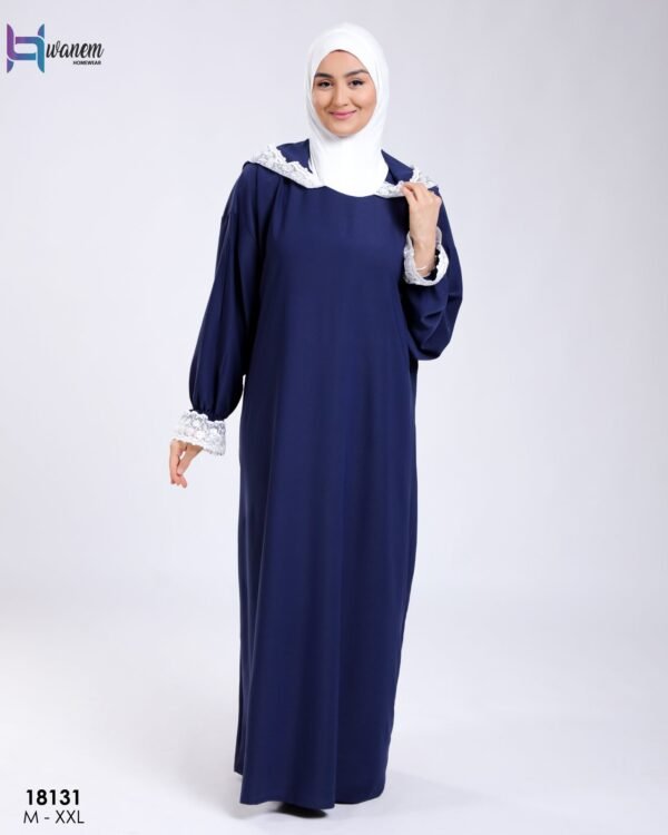 Hawanem Robe de prière manches dentelle – Réf 18131 – Bleu marine