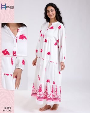 Hawanem Robe longue brodée – Réf 18199 – Blanc et fuchsia