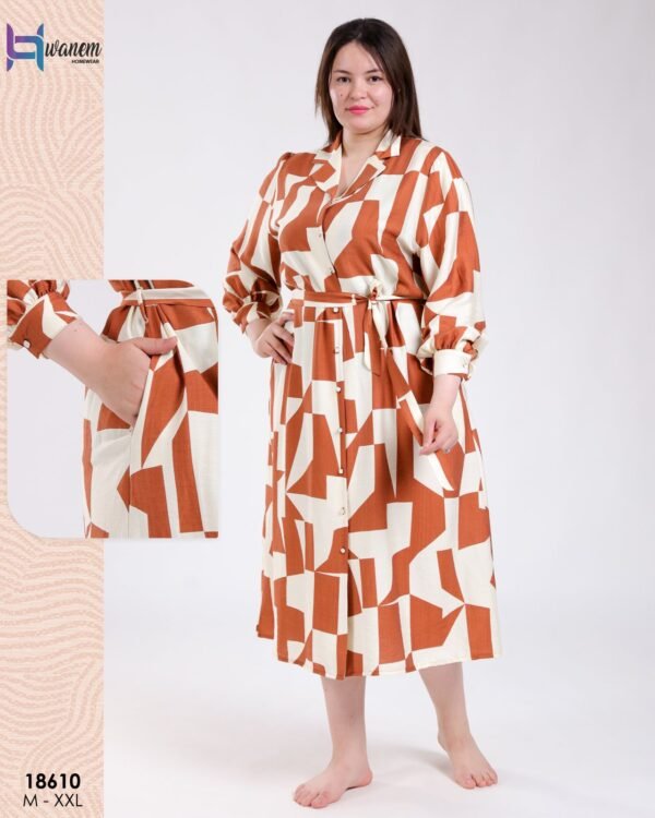Hawanem Robe chemise longue géométrique – Réf 18610 – Rouille