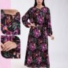 Hawanem Robe longue imprimée fleurs – Réf 18617 – Noir et fuchsia