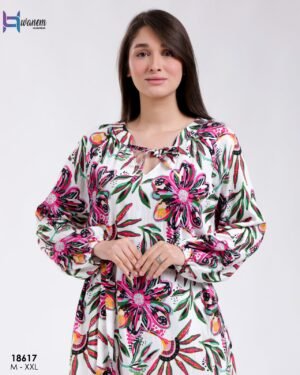 Hawanem Robe longue imprimée fleurs – Réf 18617 – Blanc et fuchsia