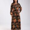 Hawanem Robe longue imprimée fleurs – Réf 18617 – Noir et orange