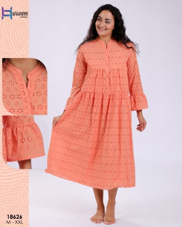 Hawanem Robe mi-longue broderie anglaise – Réf 18626 – Corail