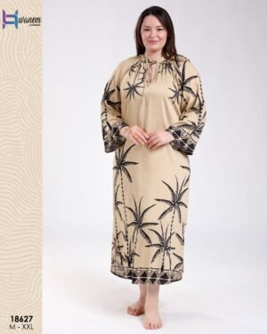 Hawanem Robe longue imprimée palmiers – Réf 18627 – Beige et noir