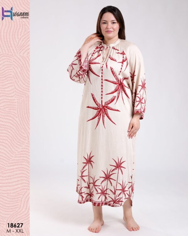 Hawanem Robe longue imprimée palmiers – Réf 18627 – Écru et rouge