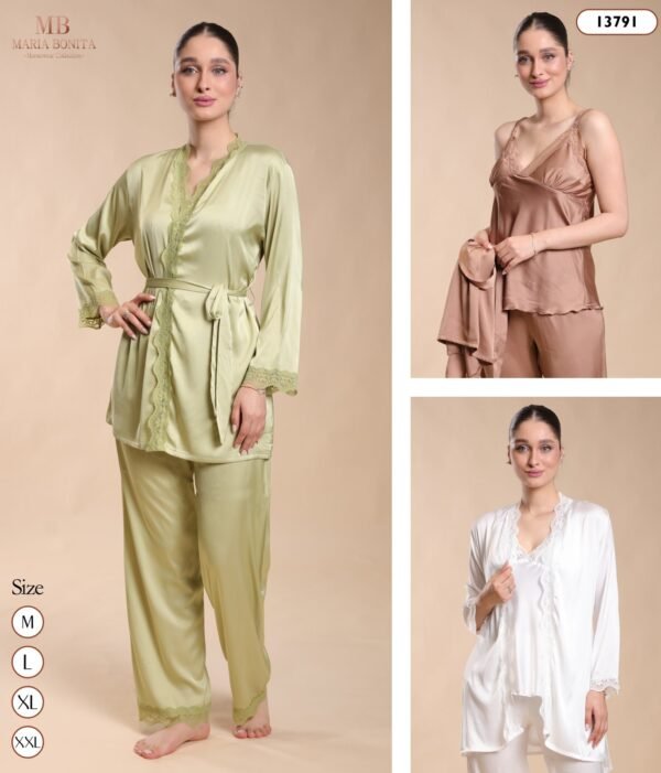 Maria Bonita Pyjama satin 3 pièces avec dentelle – Réf 13791 – Couleurs assorties