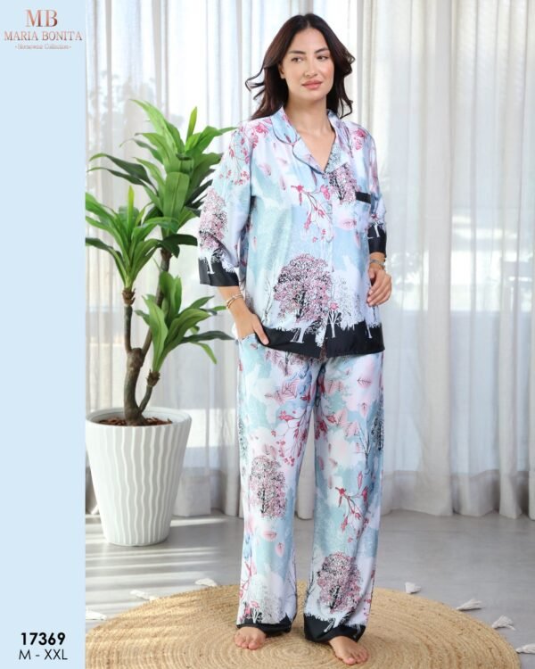Maria Bonita Pyjama satin imprimé – Réf 17369 – Bleu ciel