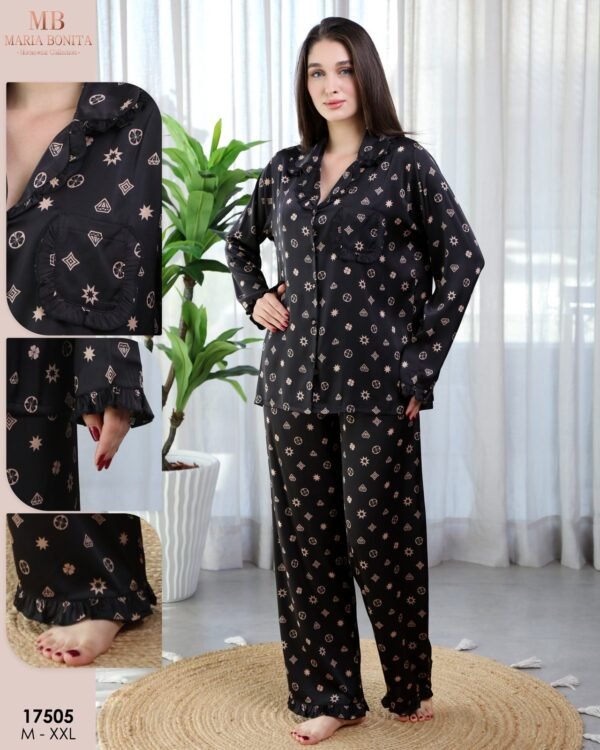 Maria Bonita Pyjama satin chemise imprimé – Réf 17505 – Noir