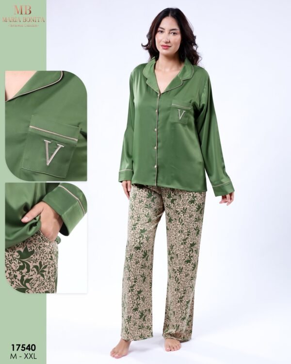Maria Bonita Pyjama satin chemise brodé – Réf 17540 – Vert
