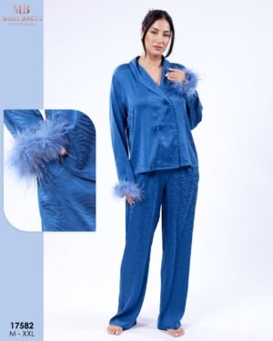 Maria Bonita Pyjama satin croisé à plumes – Réf 17582 – Bleu