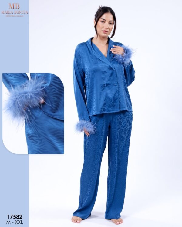 Maria Bonita Pyjama satin croisé à plumes – Réf 17582 – Bleu