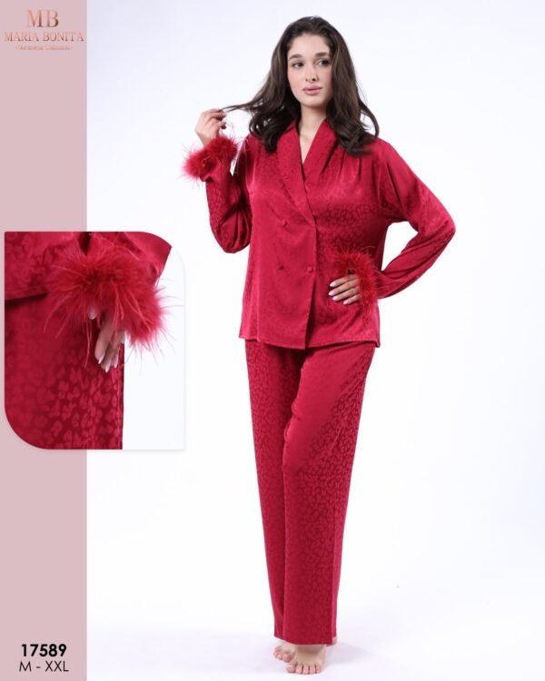 Maria Bonita Pyjama satin croisé à plumes – Réf 17589 – Rouge