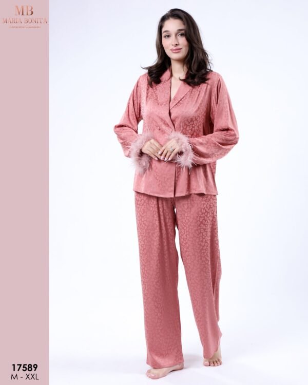 Maria Bonita Pyjama satin croisé à plumes – Réf 17589 – Vieux rose