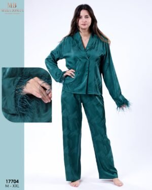 Maria Bonita Pyjama satin croisé à plumes – Réf 17704 – Vert émeraude