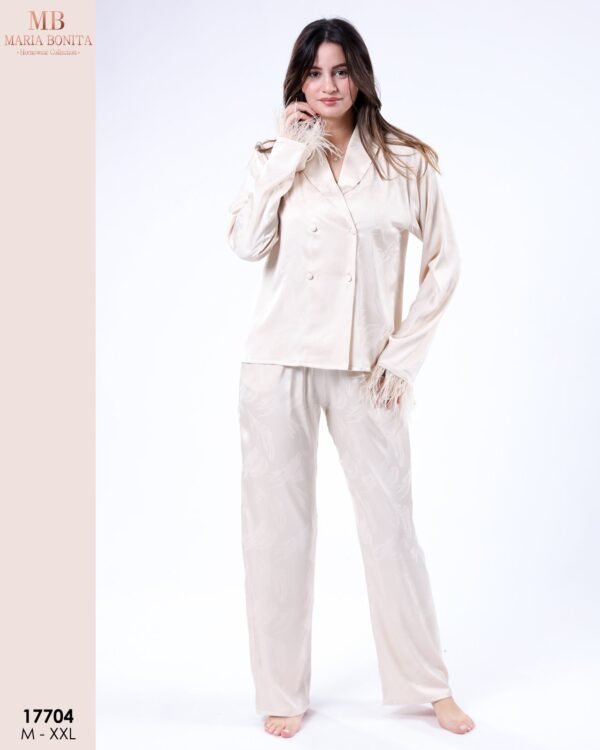 Maria Bonita Pyjama satin croisé à plumes – Réf 17704 – Écru