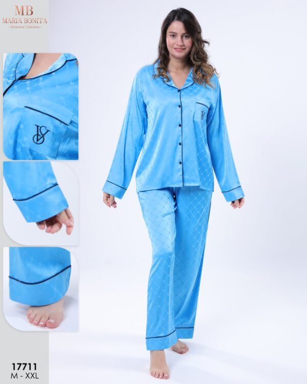 Maria Bonita Pyjama satin chemise brodé – Réf 17711 – Bleu turquoise