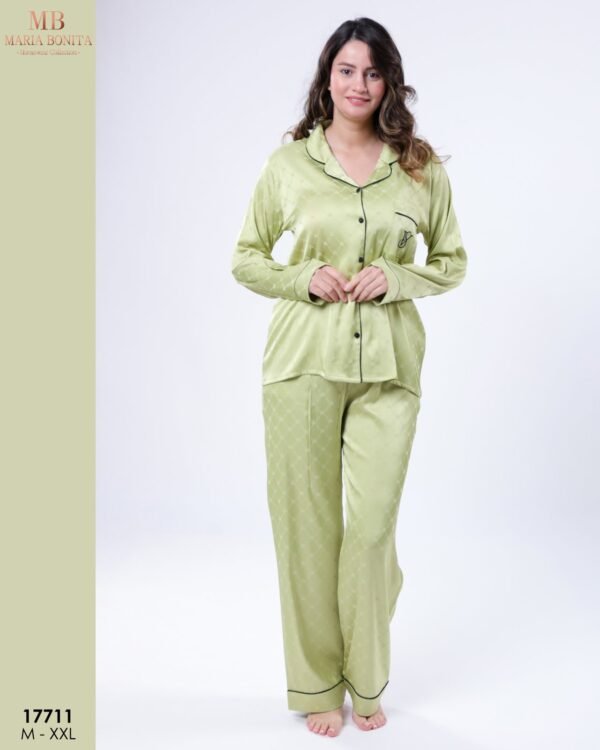 Maria Bonita Pyjama satin chemise brodé – Réf 17711 – Vert anis