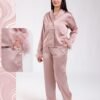 Maria Bonita Pyjama satin croisé à plumes – Réf 17727 – Rose poudré