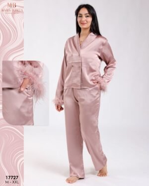 Maria Bonita Pyjama satin croisé à plumes – Réf 17727 – Rose poudré