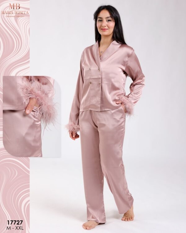 Maria Bonita Pyjama satin croisé à plumes – Réf 17727 – Rose poudré