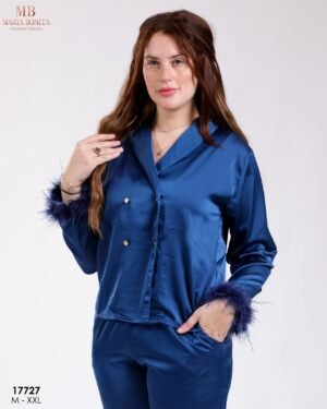 Maria Bonita Pyjama satin croisé à plumes – Réf 17727 – Bleu roi