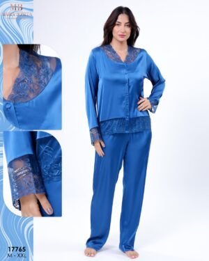 Maria Bonita Pyjama satin boutonné dentelle – Réf 17765 – Bleu roi