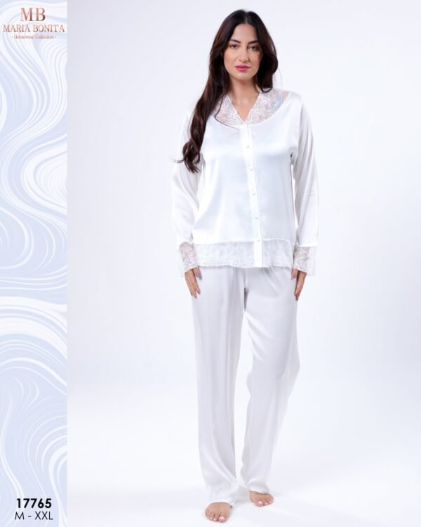Maria Bonita Pyjama satin boutonné dentelle – Réf 17765 – Blanc