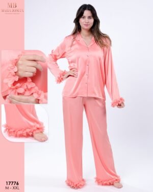 Maria Bonita Pyjama satin chemise volants fleurs – Réf 17776 – Corail