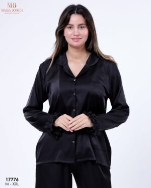 Maria Bonita Pyjama satin chemise volants fleurs – Réf 17776 – Noir