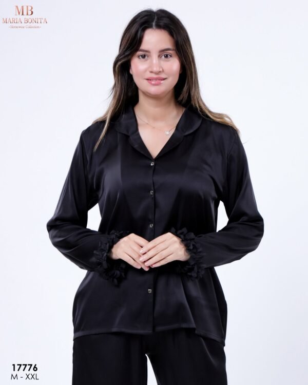Maria Bonita Pyjama satin chemise volants fleurs – Réf 17776 – Noir