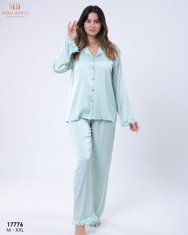 Maria Bonita Pyjama satin chemise volants fleurs – Réf 17776 – Vert d'eau