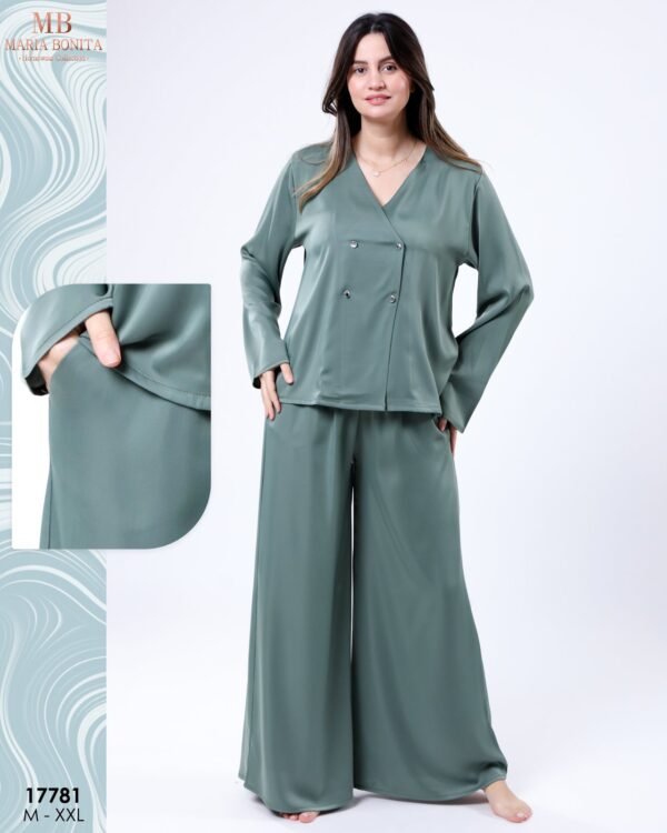 Maria Bonita Pyjama satin croisé pantalon large – Réf 17781 – Vert sauge