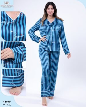 Maria Bonita Pyjama satin chemise rayé – Réf 17787 – Bleu pétrole