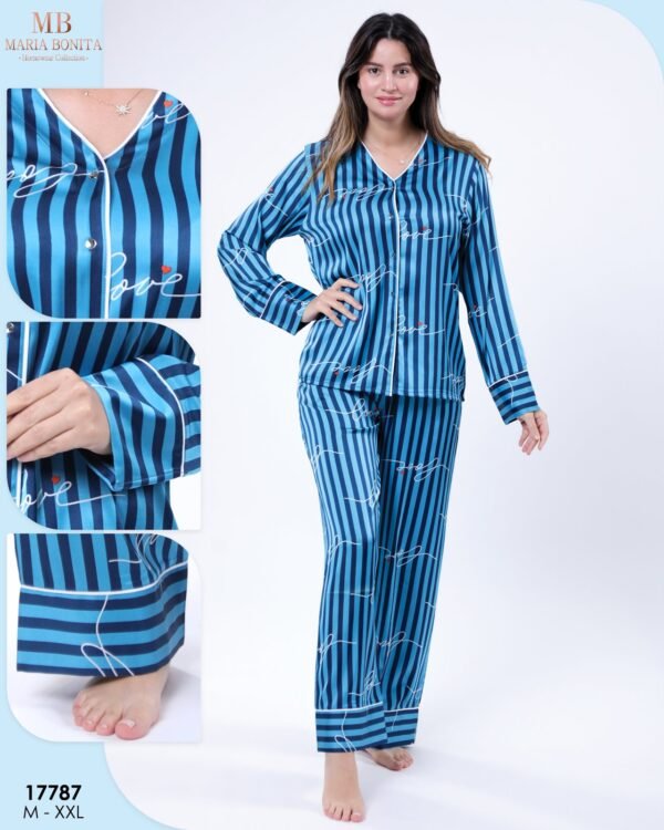 Maria Bonita Pyjama satin chemise rayé – Réf 17787 – Bleu pétrole