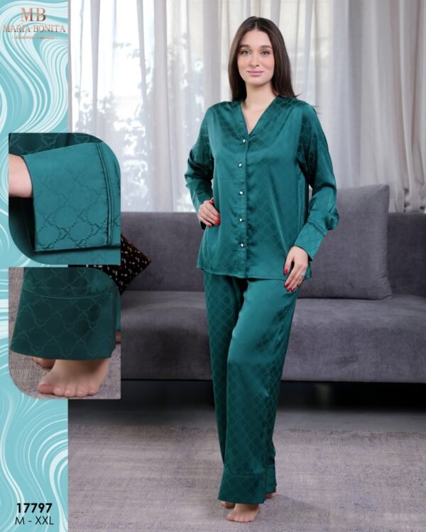 Maria Bonita Pyjama satin jacquard boutonné – Réf 17797 – Vert émeraude