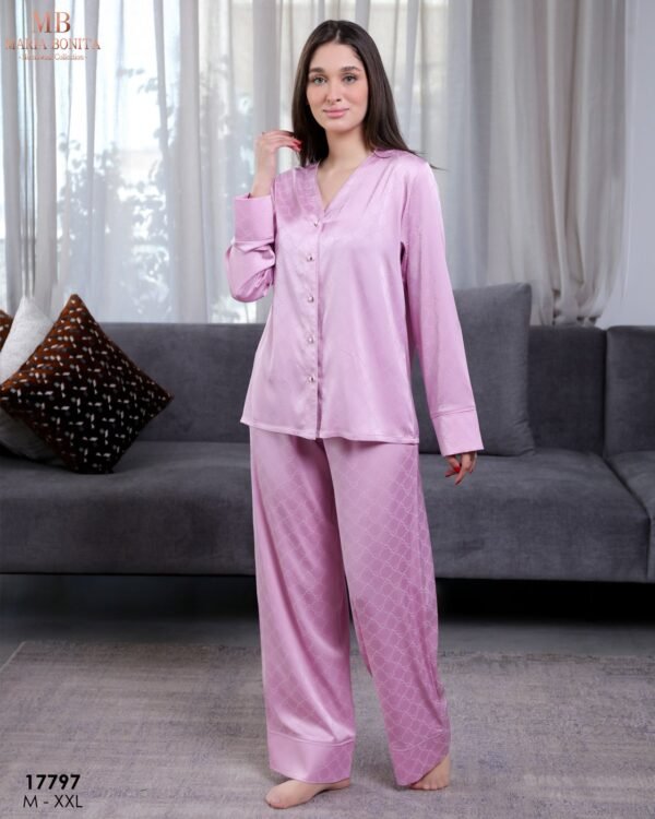 Maria Bonita Pyjama satin jacquard boutonné – Réf 17797 – Rose lilas